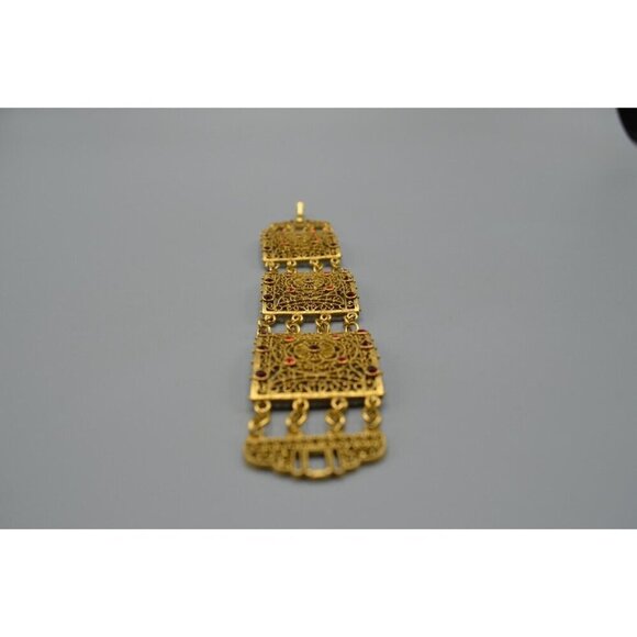 Filigree Panel Bracelet Gold Tone Red Stone Accents 8" Ornate Wide - Picture 4 of 12